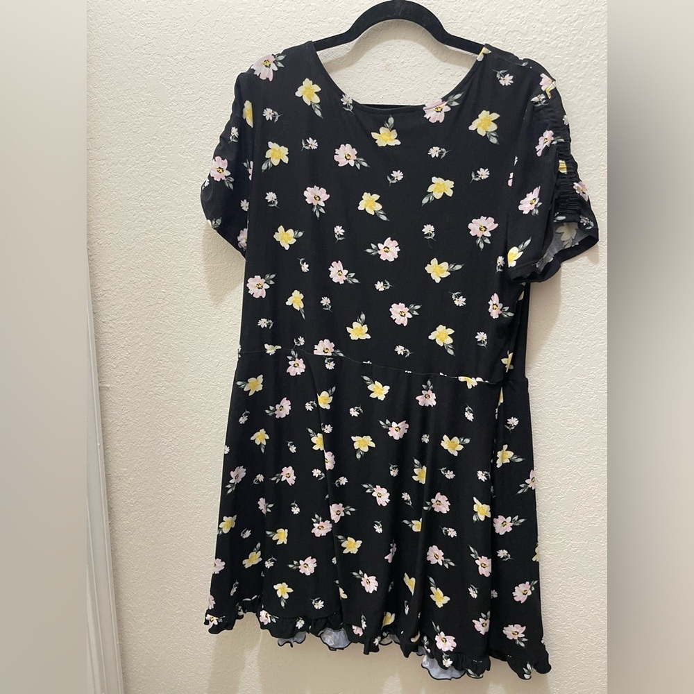 No Boundaries Black Floral Wrap Dress with Yellow & Pink Flowers - Picture 2 of 3